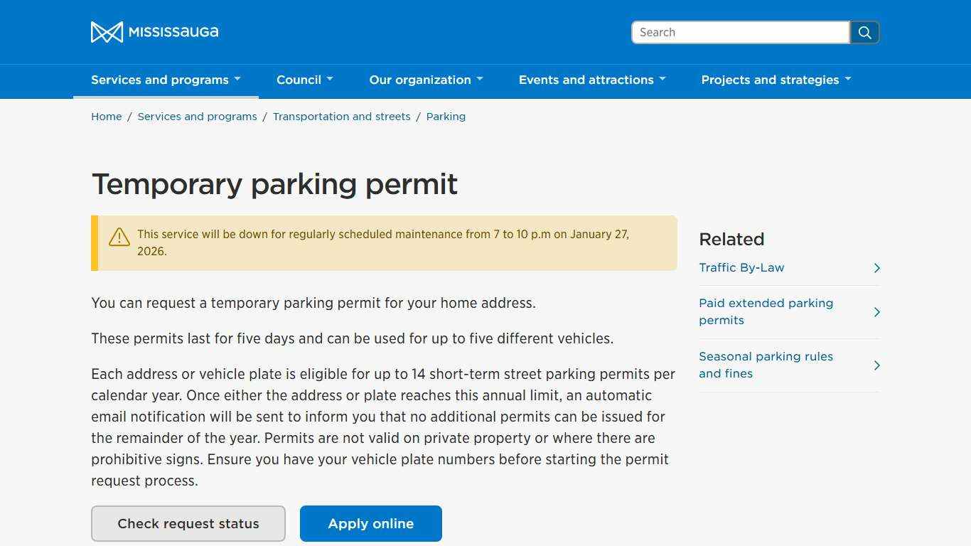Temporary parking permit – City of Mississauga
